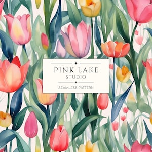 Padrão de tulipa aquarela sem costura, papel digital floral de primavera, 12 x 12 polegadas, fundo de flores vibrantes, download instantâneo, artesanato de scrapbooking