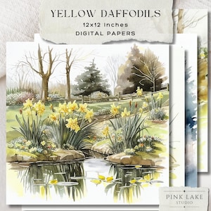 Dagboekpagina's Narcis Junk, gele bloementuin afdrukbaar papier, lente achtergronden, digitale plakboekkit, cottagecore zomerbloemen