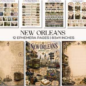 Op de afbeelding: Een verzameling van 12 ephemera-pagina's met een New Orleans-thema van 8,5x11 inch, met vintage-stijl illustraties van trams, jazzmuzikanten, beignets en bezienswaardigheden zoals de Franse wijk, de St. Louis-kathedraal en de Mississippi.