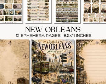 New Orleans Ephemera Pages Vintage Travel Junk Journal Kit Printable Jazz Tags Labels
