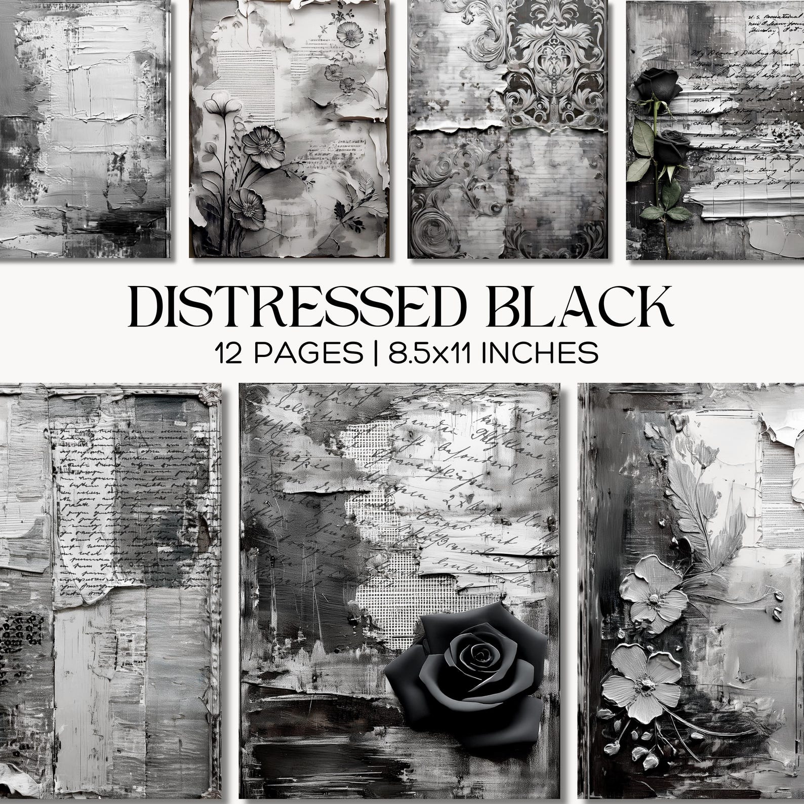 Black & White Distressed Junk Journal Pages, Grunge Textured Ephemera ...