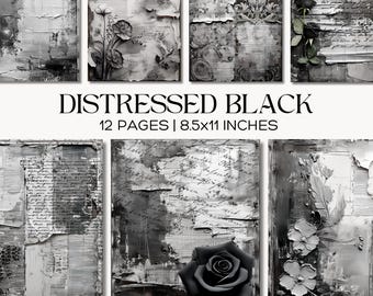 Black & White Distressed Junk Journal Pages, Grunge Textured Ephemera, Floral Printable Paper