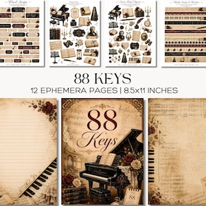 Peut inclure: Une collection numérique de 12 pages éphémères mesurant 21,6x27,9 cm, intitulée 88 Keys. L'ensemble présente des graphismes sur le thème de la musique de style vintage, incluant pianos à queue, partitions, roses et calligraphie, en tons sépia.