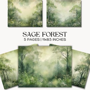 Pagine di diario Sage Forest Junk, carta per scrapbooking digitale 8,5x11 a tema natura, sfondi artigianali del bosco, carta per scrapbooking con sfondo foresta