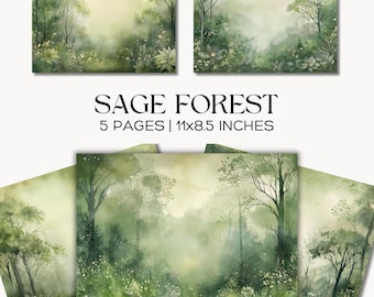 Strony dziennika „Sage Forest Junk”, cyfrowy papier do scrapbookingu „Nature”, zielone tła do rękodzieła leśnego