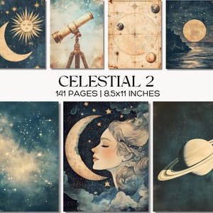 Vintage Astronomy Junk Journal Kit, Moon Goddess Scrapbook Paper, Telescope and Planet Ephemera, Mystical Star Map Collage Sheets for Crafts
