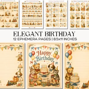 Pu&ograve; includere: Un set di 12 pagine effimere di 21,6x27,9 cm con illustrazioni in stile vintage di orsacchiotti, cuccioli, gattini e torte di compleanno. I disegni includono festoni, palloncini e la scritta Happy Birthday su carta color crema.