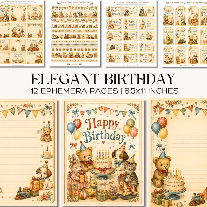 Pu&ograve; includere: Un set di 12 pagine effimere di 21,6x27,9 cm con illustrazioni in stile vintage di orsacchiotti, cuccioli, gattini e torte di compleanno. I disegni includono festoni, palloncini e la scritta Happy Birthday su carta color crema.