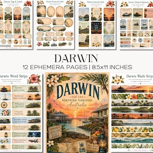 Op de afbeelding: Een set van 12 ephemera-pagina's van 21,6x27,9 cm met ontwerpen in het thema Darwin, Australië. Bevat labels, etiketten, journal-kaarten, tickets, woordstroken en washi-strips met tropische zonsondergangen, krokodillen en bloemen.