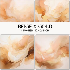 May include: Four square prints with abstract designs in beige, gold, and peach tones. The prints feature flowing, watercolor-like patterns. Text at the bottom reads "BEIGE & GOLD 4 PAGES | 12x12 INCH".