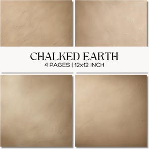 Può includere: Quattro pagine di carta beige testurizzata disposte a quadrato. Il testo "CHALKED EARTH" è visualizzato sopra le pagine, con "4 PAGES | 30x30 CM" sotto. La carta ha un aspetto sottile e screziato.