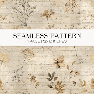 Könnte beinhalten: Nahtloses Musterdesign mit Vintage-Ästhetik. Der Hintergrund hat handschriftlichen Text und eine gealterte Papierstruktur. Botanische Elemente in gedämpften Beige- und Brauntönen sind über die Oberfläche verstreut. Der Text lautet: NAHTLOSES MUSTER, 1 SEITE | 30x30 cm.