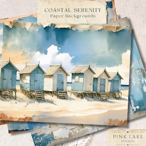 Coastal Serenity digitaal papier, strandthema ongewenste tijdschriftpagina's, blauw witte oceaanachtergronden, nautisch esthetische plakboekkit, kortstondige