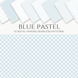 Motifs bleus pastel pour bébés - Coeurs géométriques doux, pois, vichy, chevrons et rayures, papier de scrapbooking numérique pour créations artisanales pour baby shower