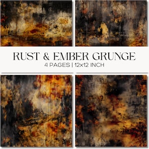 Op de afbeelding: Vier abstracte kunstprints met een grunge textuur in tinten roest, gloed en grijs. De tekst "RUST & EMBER GRUNGE" wordt weergegeven boven de tekst "4 PAGES | 12x12 INCH". Het kunstwerk heeft een verweerde, versleten uitstraling.