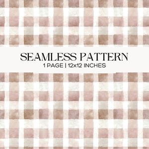 Puede incluir: Diseño de patrón sin costuras con un estampado de cuadros estilo acuarela en tonos rosas y marrones sobre un fondo blanco. El texto "SEAMLESS PATTERN" se muestra encima de las dimensiones de 30x30 cm.