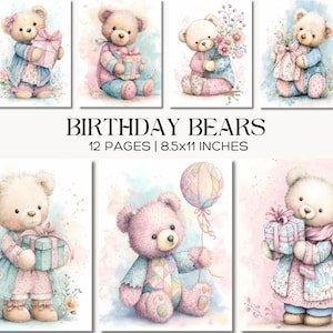 Birthday Bears Junk Journal Pages, Watercolor Teddy Ephemera, Pastel Patchwork Digital Paper, Nursery Scrapbook