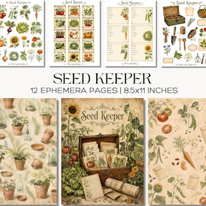 Op de afbeelding: Een set van 12 Seed Keeper ephemera-pagina's van 21,6x27,9 cm, met botanische illustraties van groenten, bloemen en tuingereedschap, inclusief vintage labels, sjablonen voor zaadzakjes en texturen van verouderd papier.