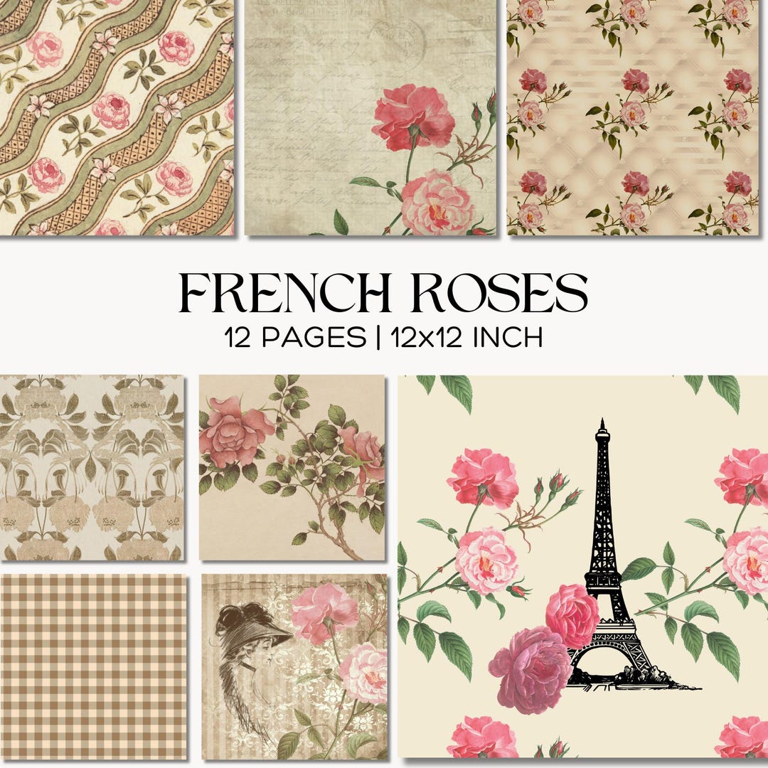 French Roses Digital Paper Pack, Vintage Floral Scrapbook Backgrounds ...