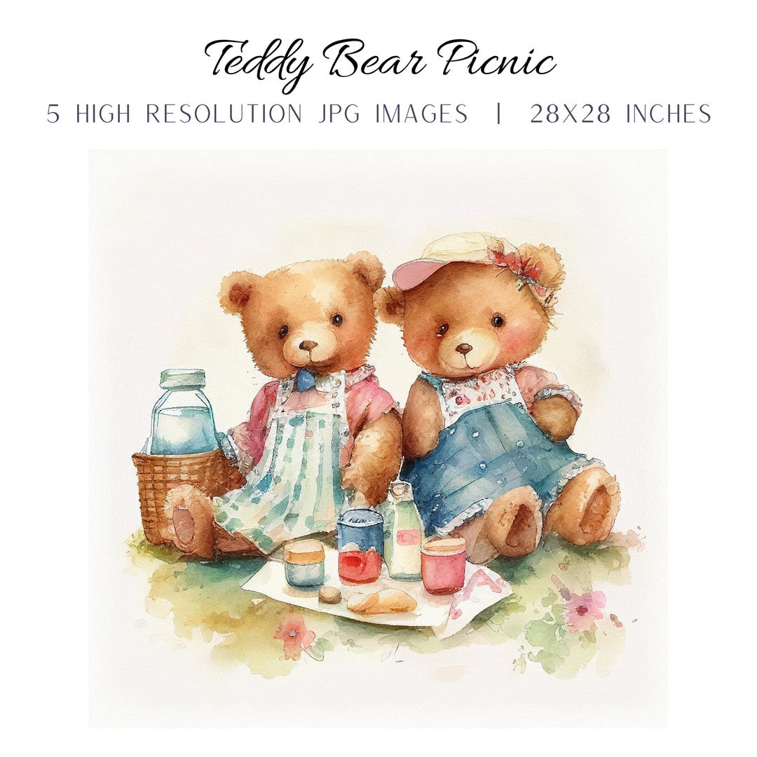 Teddy Bear Picnic Clipart, Set of 5 Digital Prints, Playroom Room Decor ...