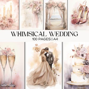 Whimsical Wedding Junk Journal Pages, Romantic Soft Vintage Tones, Scrapbooking, Digital Paper Set