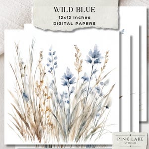Pacote de papel digital Wild Blue Watercolour Wildflowers, fundos florais de primavera para scrapbooking, criação de cartões, artesanato, download instantâneo