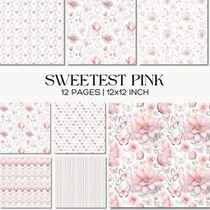 Pink Watercolor Floral Patterns, Valentines Day Geometric Designs, Butterflies & Hearts Digital Paper