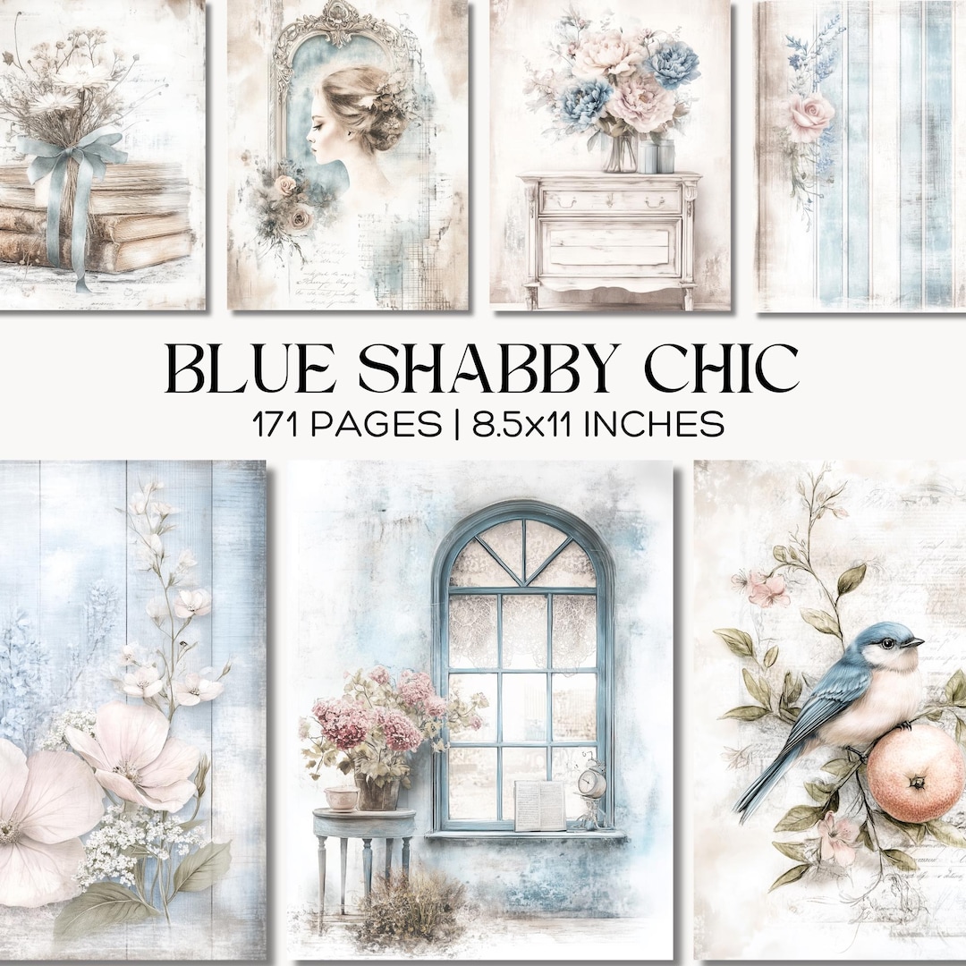 Blue Shabby Chic Junk Journal Kit, Vintage Floral Scrapbook Paper ...