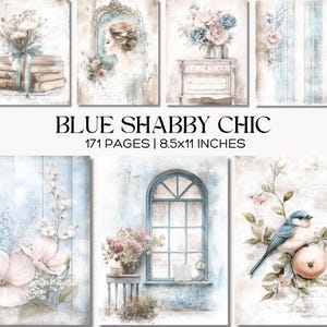 Blaues Shabby Chic Junk Journal Kit, Vintage Blumen Scrapbook-Papier, Blaue Ephemera, Französische Land Collage Blätter