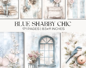 Blue Shabby Chic Junk Journal Kit, Vintage Floral Scrapbook Paper, French Country Ephemera