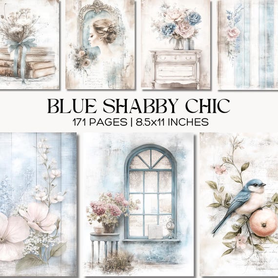 Blue Shabby Chic Junk Journal Kit, Vintage Floral Scrapbook Paper, French Country Ephemera