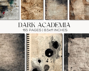 May include: A selection of aged paper sheets featuring handwritten script and ink blot designs. The text "DARK ACADEMIA" is displayed above the paper sheets, with the text "165 PAGES | 21.6x27.9 cm" below it. The papers have a distressed, vintage aesthetic.