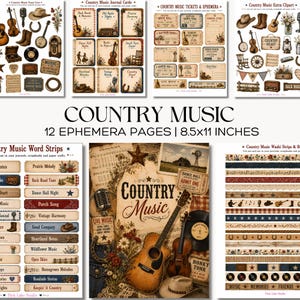 Könnte beinhalten: Ein Set aus 12 druckbaren Ephemera-Seiten im Format 21,6x27,9 cm mit Illustrationen zum Thema Country-Musik, darunter akustische Gitarren, Geigen, Cowboyhüte, Mikrofone, alte Radios, Eintrittskarten, Wortstreifen und Washi-Tape-Designs.