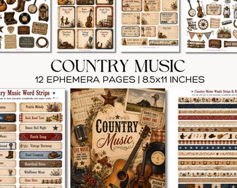 Countrymusik Ephemera Sidor Vintage Western Junk Journal Kit Utskrivbara Gitarretiketter