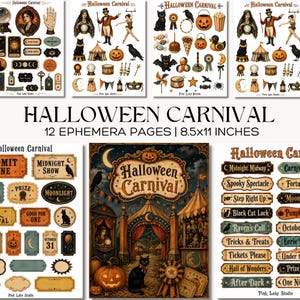 Peut inclure: Un ensemble de 12 pages d'éphémères Halloween Carnival mesurant 21,6x27,9 cm, présentant des illustrations de style vintage de diseuses de bonne aventure, chats noirs, citrouilles, tentes de carnaval, tickets et panneaux avec le texte Midnight Show.