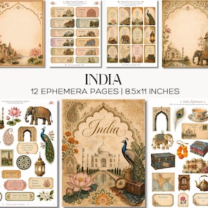 India Journal Kit Vintage Travel Ephemera with Taj Mahal Tickets Lotus Cards and Printable Tags