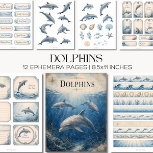 Puede incluir: Una colección de 12 páginas de efímera con ilustraciones de delfines, etiquetas, tags y bordes con temática oceánica. El set incluye textos como Playful Spirit, Ocean Grace y Dolphin Days, en hojas de 21,6x27,9 cm con tonos azules.