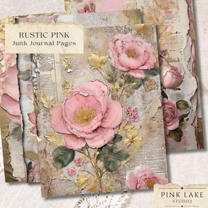 Pages complètes de journal indésirable rose rustique – kit numérique floral shabby chic, fleurs éphémères vintage, feuilles de collage imprimables, papier de scrapbooking