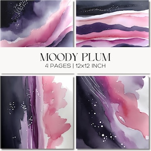 May include: Four abstract art prints with watercolor textures in shades of plum, pink, and white. Each print is 12x12 inches. The text "MOODY PLUM" is displayed above the prints.