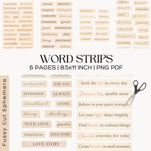 May include: Digital download of word strips for crafting. The image displays rectangular strips with words such as "joy", "dream", and "sweetheart" printed on them. The words are in a vintage style, with a neutral colour palette. Scissors are also included.