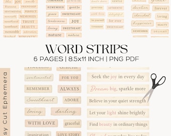 Vintage Word Strips, Junk Journal Ephemera Pages, Transparent Quotes, Printable Sayings, PDF, PNG, JPG Files