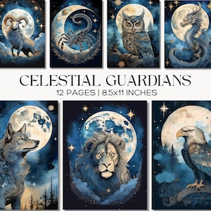 Peut inclure: Une collection d'estampes d'art représentant des gardiens célestes. Chaque estampe met en scène un animal ou une créature mythique différent, comme un bélier, un scorpion, un hibou, un dragon, un loup, un lion et un aigle, sur fond de pleine lune et de nuit étoilée. Le texte indique "CELESTIAL GUARDIANS, 12 PAGES | 21.6x27.9 CM."