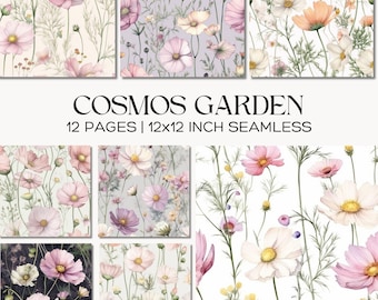 Cosmos Garden Seamless Pattern Set, Vintage Floral Digital Paper, Pastel Watercolor Flower Backgrounds