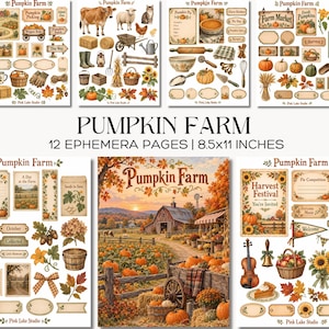 Puede incluir: Un conjunto de 12 páginas de efímera Pumpkin Farm de 21,6x27,9 cm, con ilustraciones de calabazas, animales de granja, escenas de cosecha, follaje otoñal, letreros de madera, cestas, utensilios de cocina y un paisaje de granero.