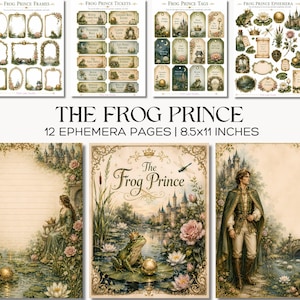 Op de afbeelding: Een verzameling van 12 ephemera-pagina's getiteld The Frog Prince, met een afmeting van 21,59 x 27,94 cm. De set bevat vellen met decoratieve kaders, tickets, labels en diverse illustraties van kikkers, kastelen en bloemen.