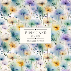 Padrão de dente-de-leão sem costura, papel digital floral aquarela colorido, fundo de jardim de fantasia, impressão contínua de primavera boho