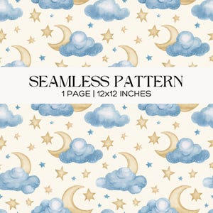 Celestial Baby Shower Background, Night Sky Fabric Design, 12x12 Repeating Pattern, Moon and Clouds Seamless Pattern