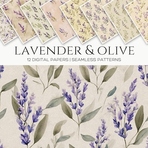 May include: Digital paper set featuring lavender and olive designs. The image showcases a collection of 12 seamless patterns with watercolor illustrations of lavender flowers and olive leaves. The color palette includes shades of purple, green, and beige, with the text "LAVENDER & OLIVE".