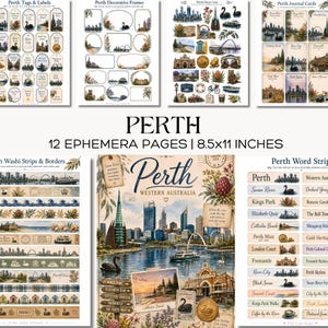 May include: A collection of 12 ephemera pages measuring 8.5x11 inches featuring Perth, Western Australia themes. The set includes tags, labels, decorative frames, fussy cuts, journal cards, washi strips, borders, and word strips with illustrations.
