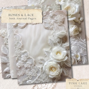 Digitales Papier mit Rosen und Spitze, Vintage Hintergründe mit Spitze, shabby chic Junk Journal Seiten, Hochzeit Scrapbook Papier, druckbare Ephemera